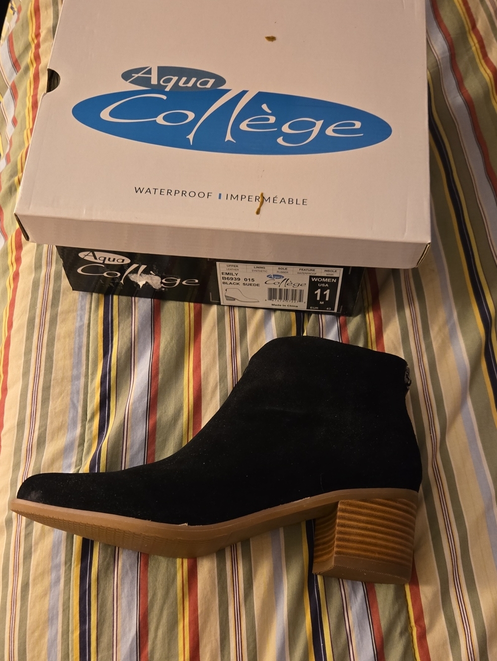 Aqua College Black Suede Ankle Bootie with Stacked Heel
